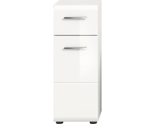 Armoire haute de salle de bain blanche avec trois tiroirs et poignées