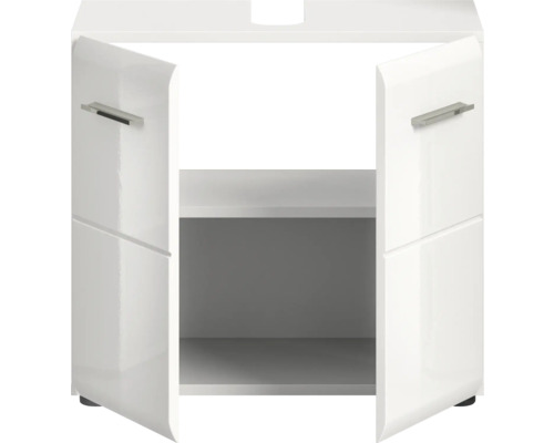 Meuble-lavabo blanc avec deux portes ouvertes et une étagère.