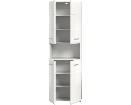 Weißer Mehrzweckschrank mit offenen Türen und Regalen