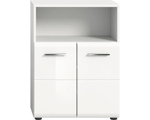 Weißer Schrank mit zwei Türen und offenem Fach