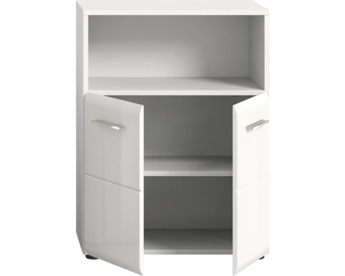 Weißer Badschrank mit zwei offenen Türen und Regalböden
