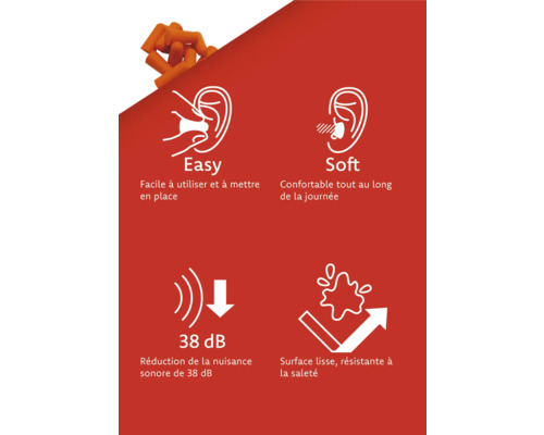 Caractéristiques des bouchons d''oreille: application facile, grand confort, réduction du bruit de 38 décibels et surface antisalissure