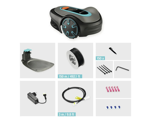 Robot tondeuse Gardena avec station de charge, câble périphérique, piquets, connecteurs de câbles, bornes de connexion, vis et clé Allen