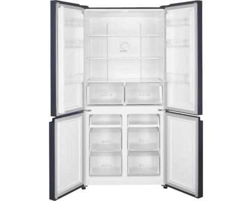 Réfrigérateur multi-portes ouvert avec étagères et tiroirs de congélation.