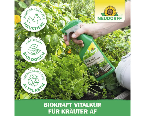 Neudorff Biokraft Vitalkur für Kräuter, Anwendung im Garten, Siegel: Unbedenklich für Haustiere, biologisch, Verpackung aus Altplastik, Neudorff Logo