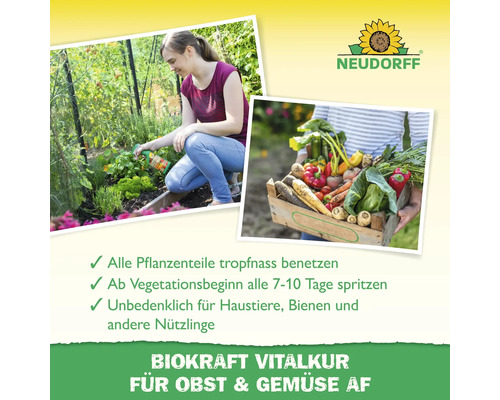 Anwendung von Biokraft Vitalkur für Obst und Gemüse im Garten sowie Neudorff Logo.