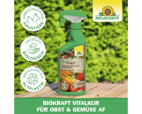 Neudorff Biokraft Vitalkur für Obst und Gemüse in einer Sprühflasche. Das Produkt ist unbedenklich für Haustiere und biologisch.