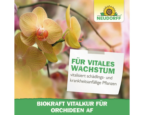 Neudorff Logo mit dem Schriftzug Für vitales Wachstum, Biokraft Vitalkur für Orchideen AF