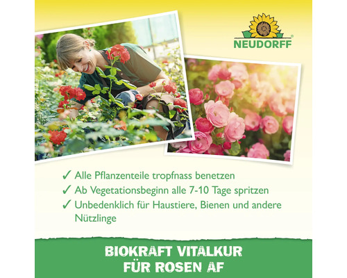 Neudorff Logo. Frau pflegt Rosen. Vital Kur für Rosen.