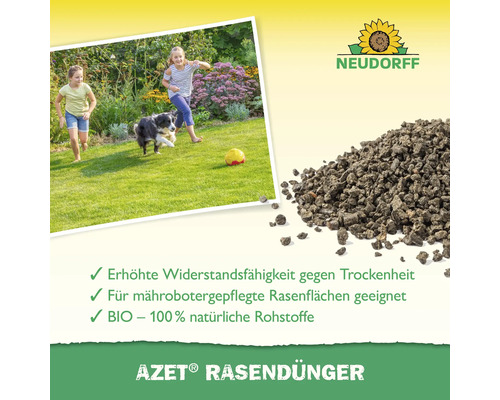 Neudorff Azet Rasendünger mit erhöhtem Widerstand gegen Trockenheit und geeignet für Rasenflächen mit Mähroboter
