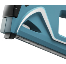 Detailansicht eines blauen Tackergeräts.
