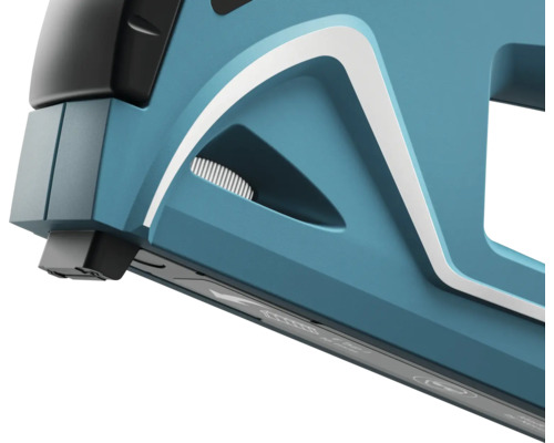 Detailansicht eines blauen Tackergeräts.
