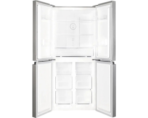 Geöffneter Kühlschrank mit vier Türen und Innenfächern