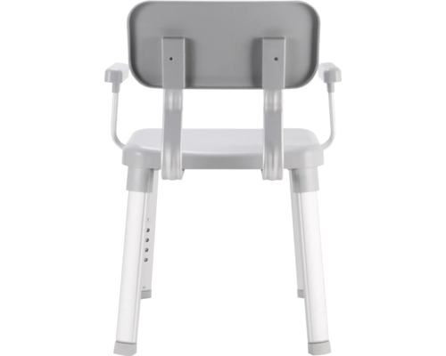 Vue arrière d''une chaise de douche avec accoudoirs et pieds réglables en hauteur.