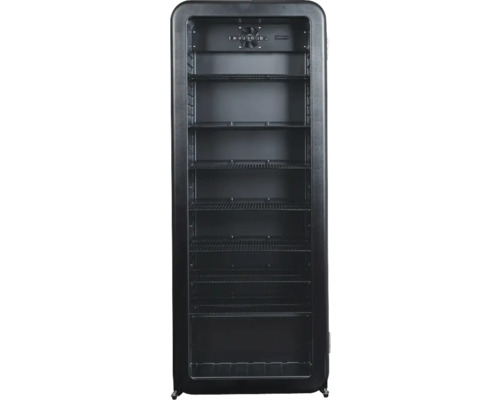 Schwarzer Getränkekühlschrank mit mehreren Regalen