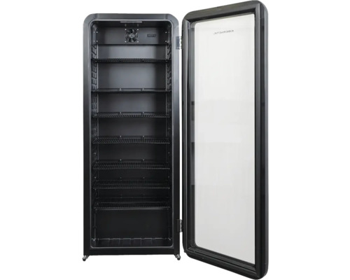 Getränkekühlschrank mit Glastür und mehreren Regalböden.