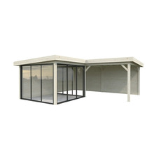 Gartenhaus mit Glasfront und offenem Anbau