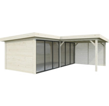 Abri de jardin en bois avec façade en verre et terrasse couverte