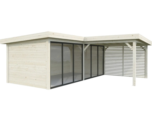 Abri de jardin en bois avec façade en verre et terrasse couverte