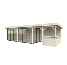 Holzpoolhaus mit Schiebetüren und Bar