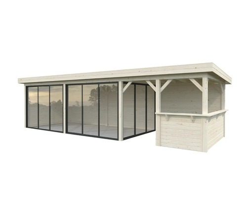 Holzpoolhaus mit Schiebetüren und Bar