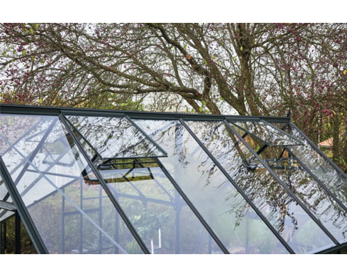 Serre avec fenêtres ouvertes dans le jardin.