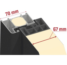 Querschnitt eines Fensterrahmens mit Massangaben 70 Millimeter und 67 Millimeter