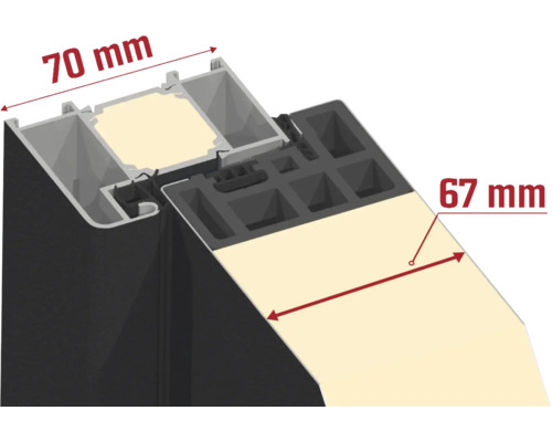 Querschnitt eines Fensterrahmens mit Massangaben 70 Millimeter und 67 Millimeter
