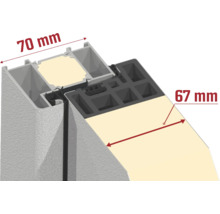 Detailansicht eines Fensterprofils mit Massangaben 70 mm und 67 mm.