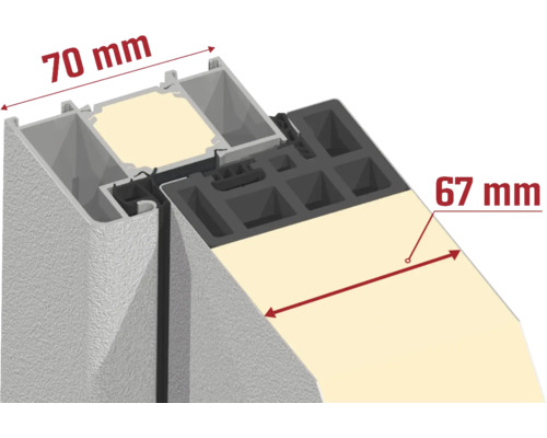 Detailansicht eines Fensterprofils mit Massangaben 70 mm und 67 mm.