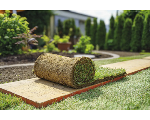 Un rouleau de gazon est posé sur une palette dans le jardin.