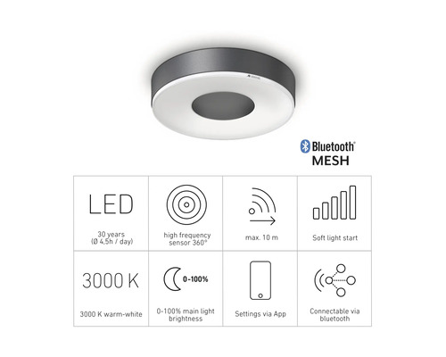 Steinel LED Deckenleuchte mit Bluetooth Mesh und Produktdetails wie Lebensdauer, Sensor, Reichweite, Softstart, Farbtemperatur, Helligkeit, App Steuerung und Bluetooth Verbindung