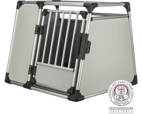 Hundebox aus Aluminium mit offener Tür und Trixie Logo