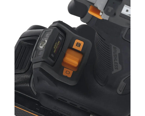 Vue détaillée d''un cloueur à batterie Dewalt avec lampe LED et fonction anti-rotation