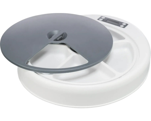 Automatischer Futterautomat für Haustiere mit Zeitschaltuhr und mehreren Futterfächern.