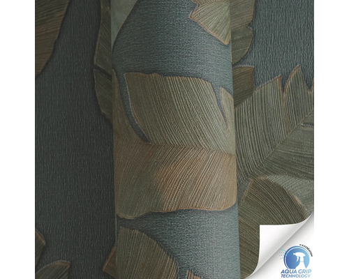 Rouleau de papier peint avec motif de feuilles et sceau Aqua Grip Technology.