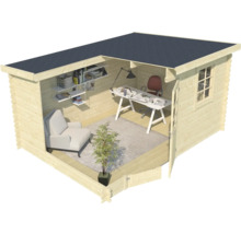 Maison de jardin en bois aménagée avec bureau, chaise, bibliothèque et fauteuil