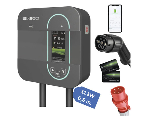 EM2GO Wallbox mit Ladekabel, Stecker, Ladekarten und Smartphone-App zur Steuerung