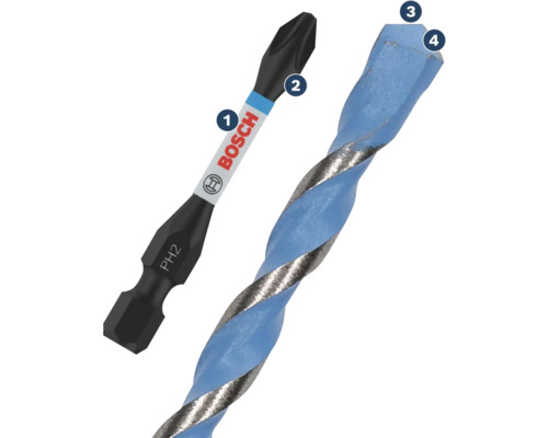 Logo Bosch, embout de vissage PH2 et foret à béton