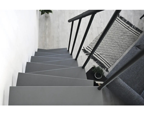 Graue Treppe mit schwarzem Geländer, Teppich und Pflanze für ein modernes Interieur