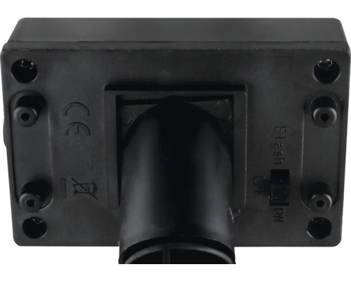 Rückseite einer Solarleuchte mit Schalter für Blitzfunktion und CE-Kennzeichnung