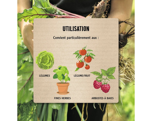 Utilisation avec des légumes, des herbes aromatiques, des légumes-fruits et des arbustes à baies.