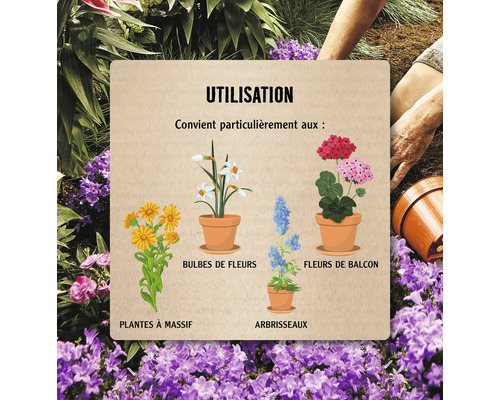 Informations d''utilisation, particulièrement adapté aux bulbes de fleurs, fleurs de balcon, plantes de massifs et arbustes