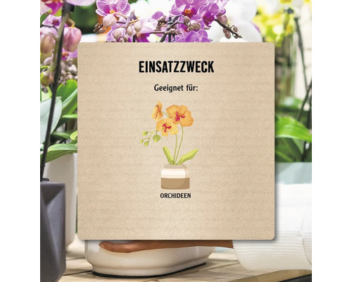 Schild mit dem Text Einsatzzweck Geeignet für: und einer Abbildung von Orchideen