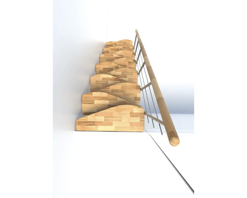 Holztreppe mit Geländer an einer Wand