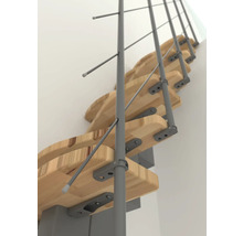 Detailaufnahme einer Wendeltreppe mit Holzstufen und Metallgeländer
