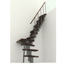 Raumansicht einer Treppe mit Stahlgeländer und Holzstufen.