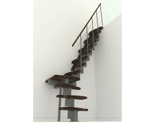 Raumansicht einer Treppe mit Stahlgeländer und Holzstufen.