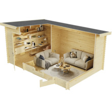 Vue en coupe d''une maison de jardin en bois avec deux canapés, des étagères et un bureau