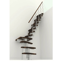 Freitragende Treppe mit Holzstufen und Geländer an einer Wand